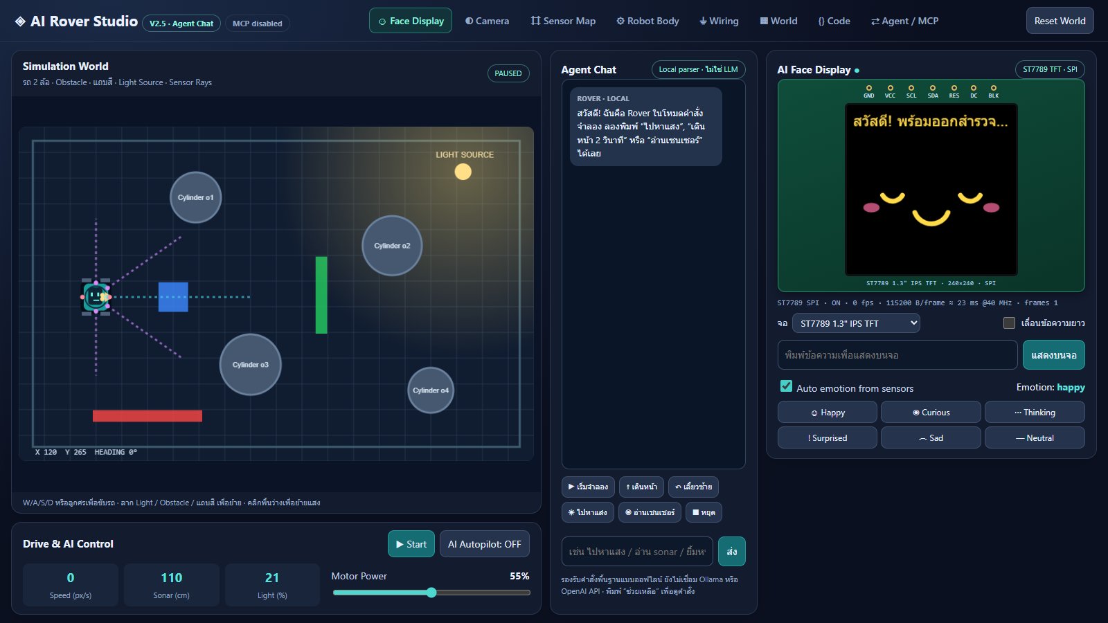 หน้าจอ AI Rover Studio: โลกจำลองที่มีหุ่นยนต์ สิ่งกีดขวาง แหล่งแสง และหน้าจอใบหน้าของหุ่น