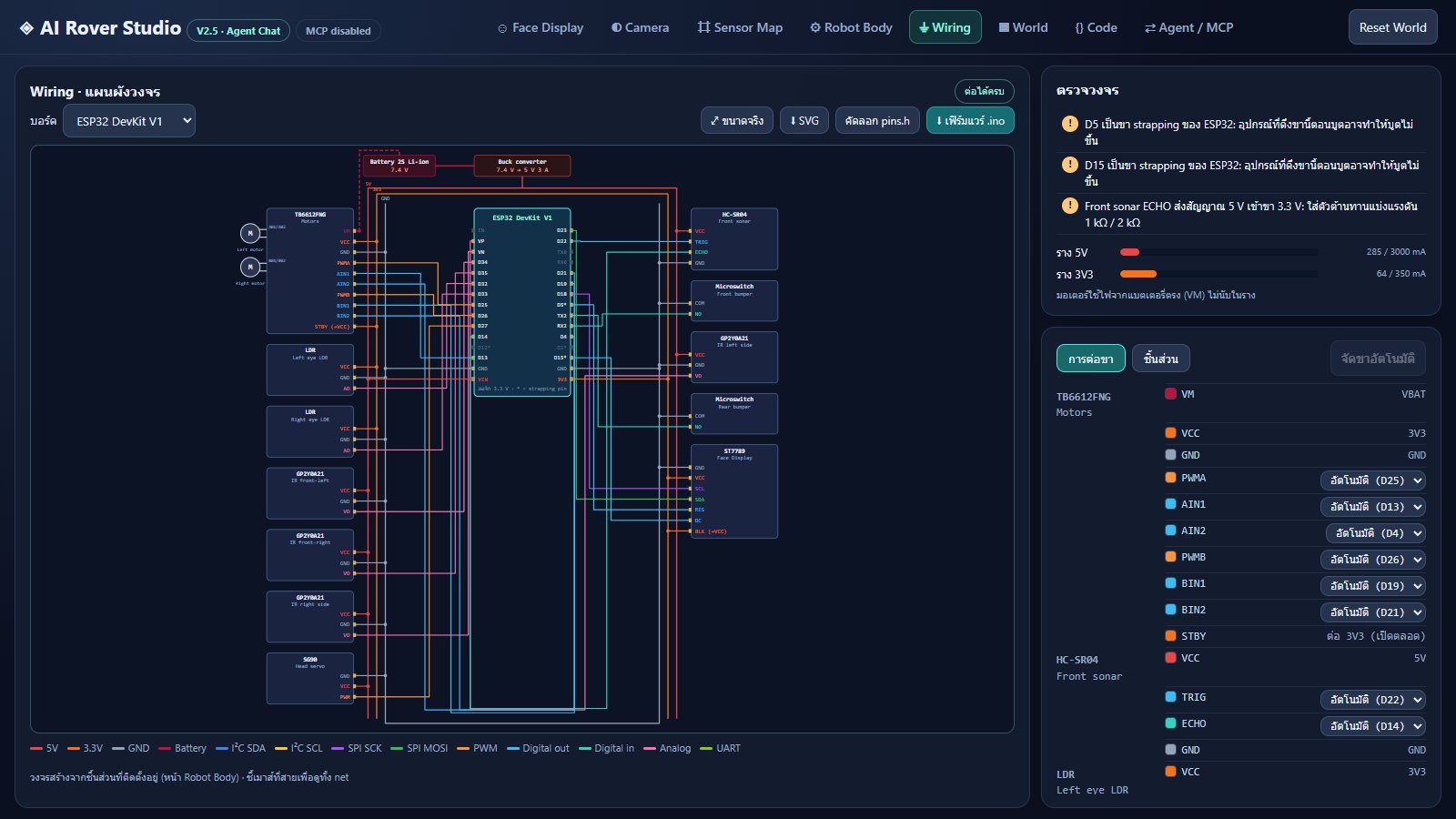 หน้า Wiring: แผนผังวงจรหุ่นยนต์หาแสงบน ESP32 พร้อมผลตรวจวงจรและงบกระแสไฟ